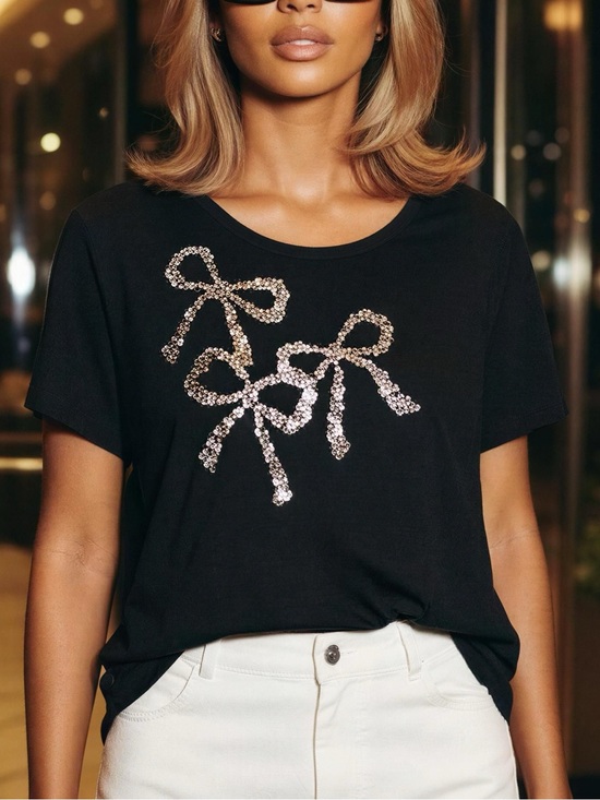 J. Crew Tops - JCrew Collector Cotton Tee Black Sequin Bows Graphic T-Shirt Slim Fit Size Large